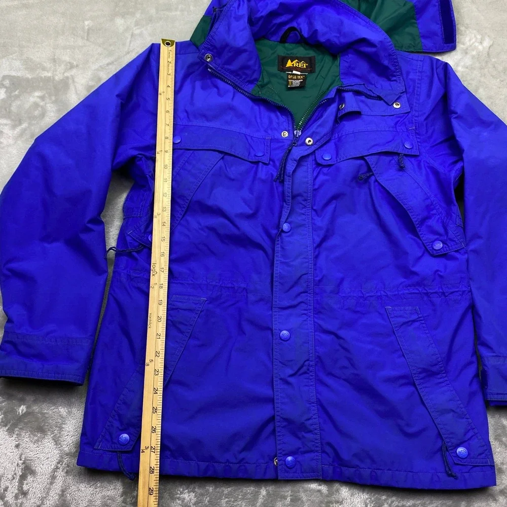REI Gore-Tex‎ Jacket Blue Green Hooded Outdoor Hiking Adventure Size S Grunge